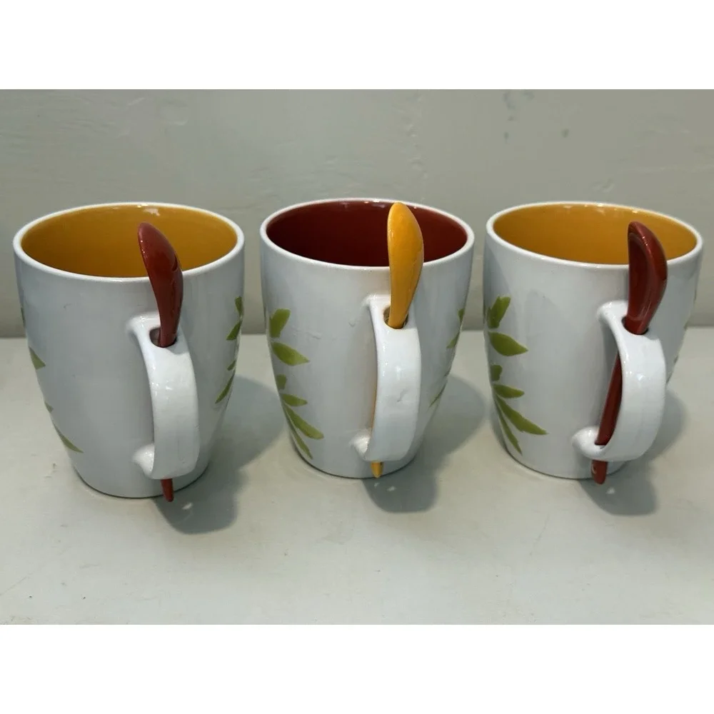 Lot Of 3 Pier 1 Stoneware Coffee Mugs 14 oz  with Spoons Fowers Hand painted